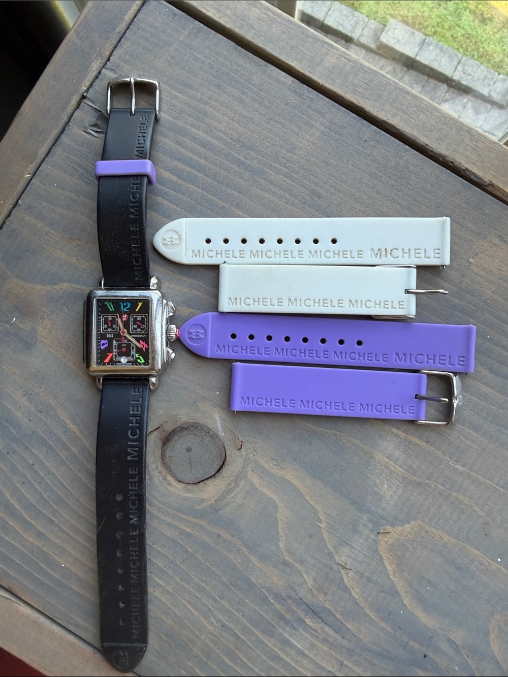Michele Watch with Black, White and Lavender Straps